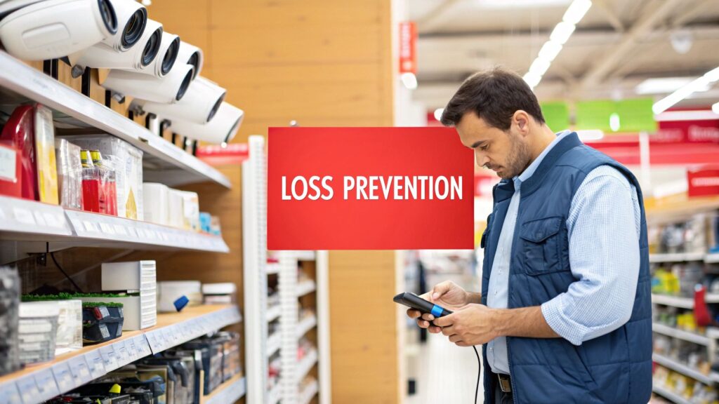 Retail employee monitoring inventory with smartphone under "Loss Prevention" sign, surrounded by security cameras and various products, emphasizing modern retail loss prevention strategies.