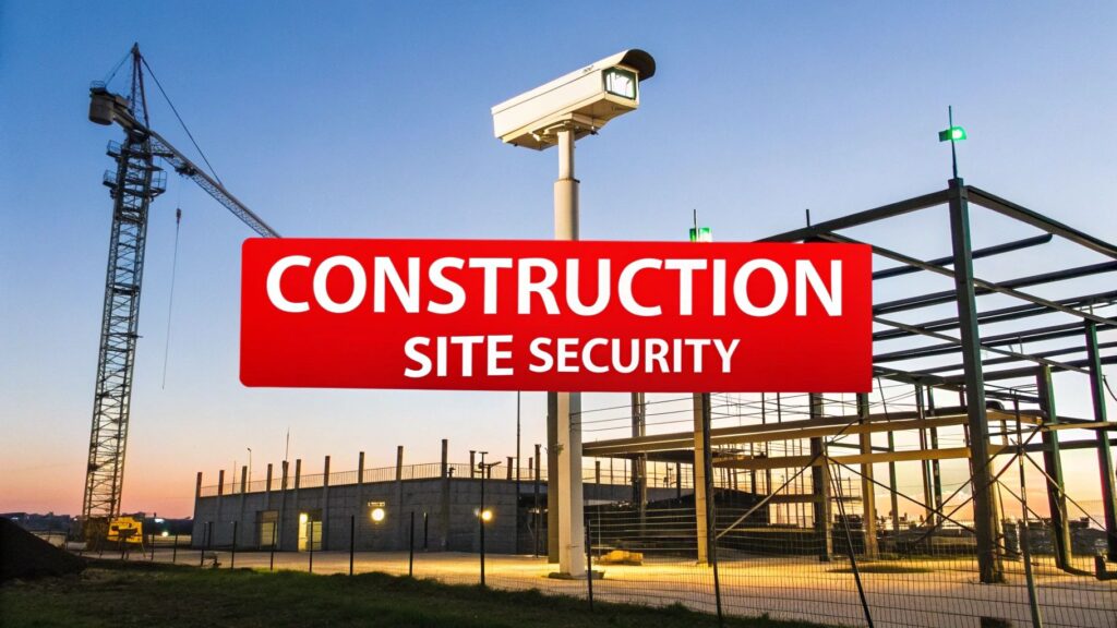 Construction site security with surveillance camera and crane at sunset, emphasizing the importance of protecting valuable assets and preventing theft.