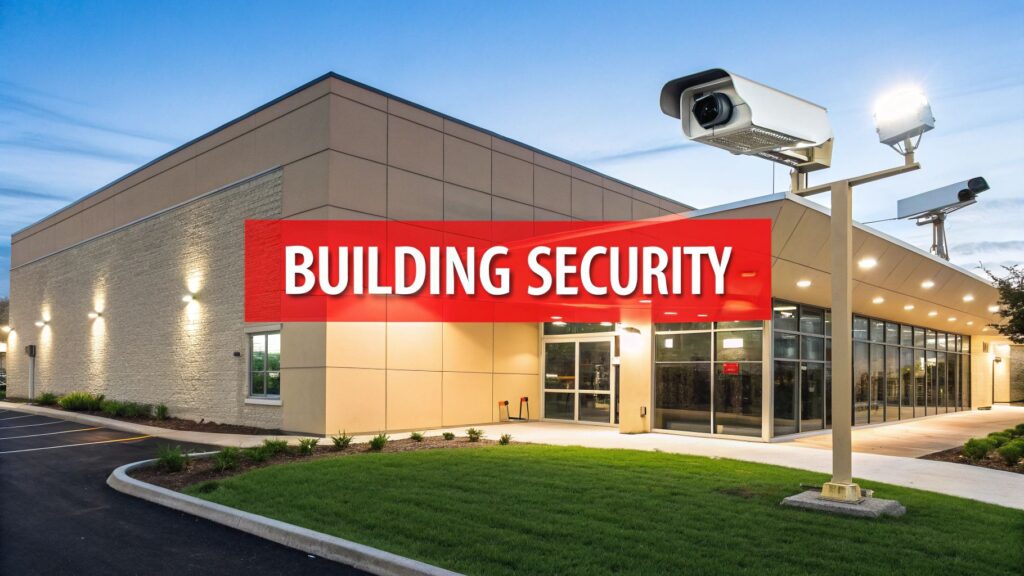 Building security with surveillance cameras and modern architecture, emphasizing layered protection and safety measures for facilities.