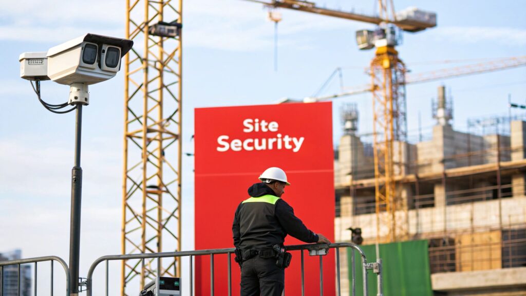 Security officer monitoring construction site with surveillance camera and "Site Security" sign, emphasizing construction site safety in Irvine.