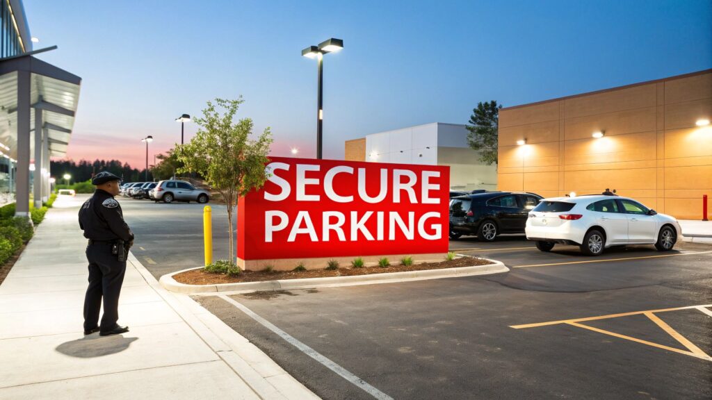 Security officer monitoring a parking lot with a prominent "SECURE PARKING" sign, emphasizing safety and surveillance in Sherman Oaks.