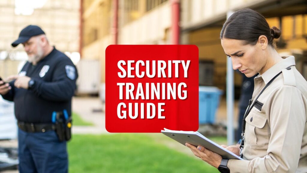 Security personnel reviewing a training guide, featuring the text "SECURITY TRAINING GUIDE," with a male officer in the background, emphasizing professional security officer training.